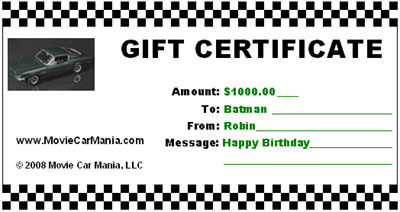 diecast model cars gift certificate